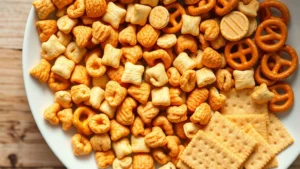 Golden-brown Chex mix ingredients spread on a white ceramic plate: cereal pieces, roasted peanuts, pretzel sticks, and crackers. Natural daylight, overhead view, shallow depth of field.