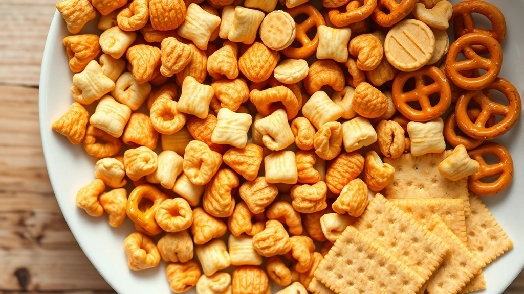 Golden-brown Chex mix ingredients spread on a white ceramic plate: cereal pieces, roasted peanuts, pretzel sticks, and crackers. Natural daylight, overhead view, shallow depth of field.