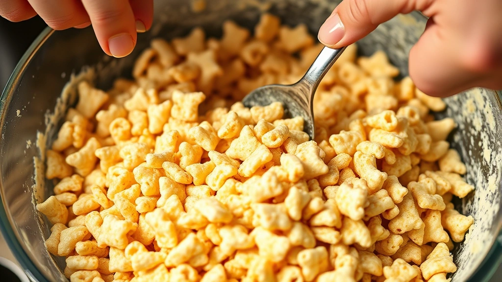 Hands stirring a large bowl of coated Chex mix with a wooden spoon, showing glossy butter and seasoning coating. Warm kitchen lighting, close-up of texture and movement.