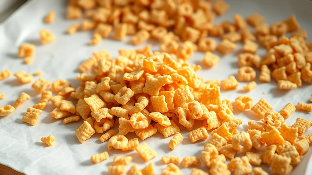 Finished crispy Chex mix cooling on white parchment paper in scattered piles, showing golden color and individual pieces. Soft natural light, focus on texture contrast and crispness.