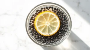 Overhead view of clear glass filled with transparent chia seed water showing hydrated black seeds dispersed throughout, fresh lemon slice floating on top, morning sunlight creating bright highlights, clean white marble background, condensation on glass