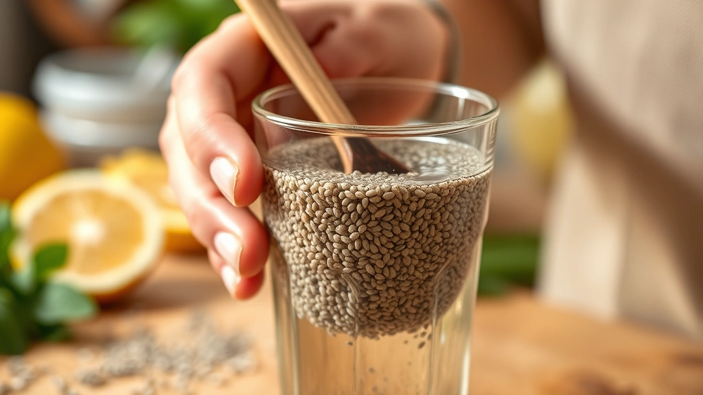 Close-up of hands stirring chia seed water in glass with wooden spoon, seeds suspended in clear liquid showing gel coating texture, blurred kitchen background with fresh citrus fruits and herbs visible, warm natural lighting
