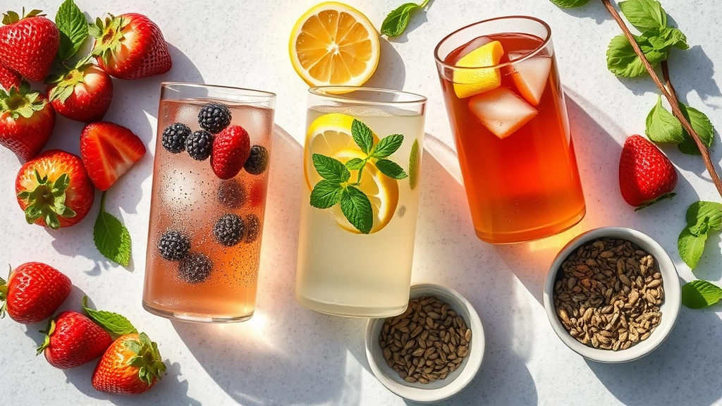 Flat lay composition of three glasses containing different chia seed water variations - one with berries, one with citrus, one with herbal tea, surrounded by fresh ingredients like strawberries, lemon, mint leaves, and dried chia seeds in small bowl, bright natural daylight