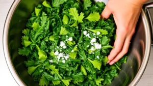 Fresh curly kale leaves being massaged with olive oil and salt in a stainless steel mixing bowl, hands visible working the greens, vibrant green color, professional kitchen lighting