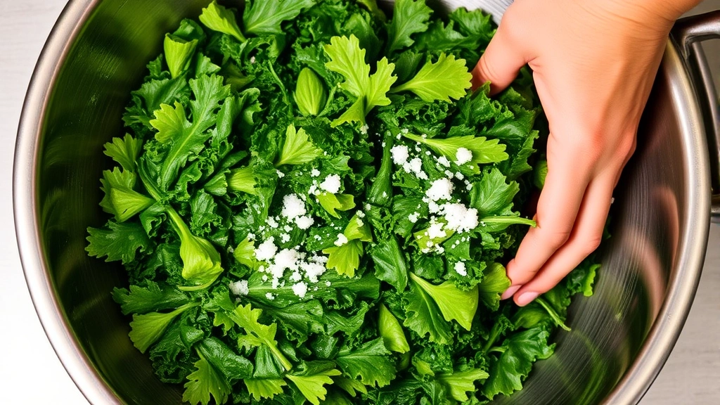 Fresh curly kale leaves being massaged with olive oil and salt in a stainless steel mixing bowl, hands visible working the greens, vibrant green color, professional kitchen lighting