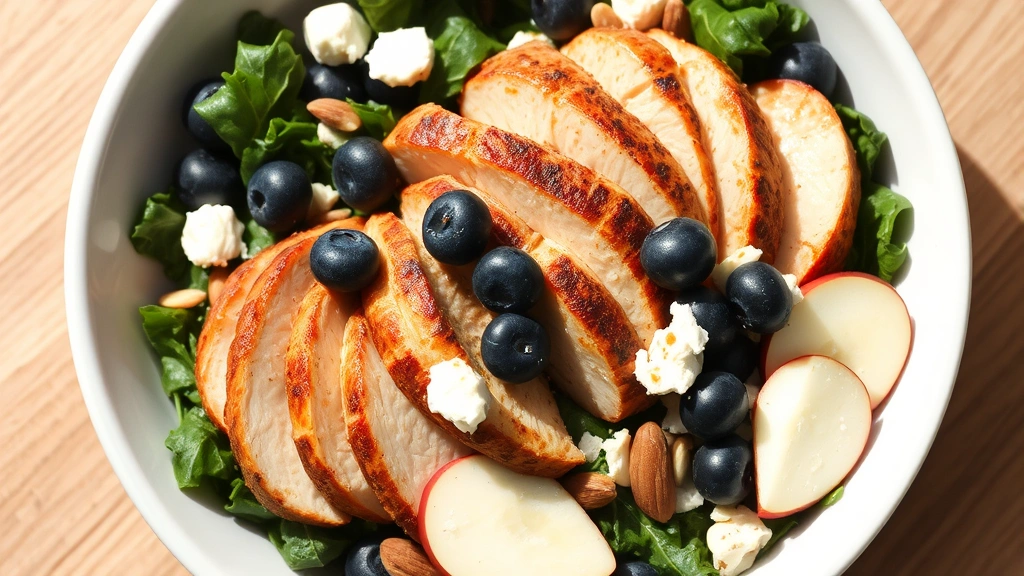 Golden-brown sliced chicken breast arranged over a bed of dark massaged kale with scattered blueberries, sliced Granny Smith apples, crumbled white feta cheese, roasted almonds, and sunflower seeds in a white ceramic bowl, natural daylight