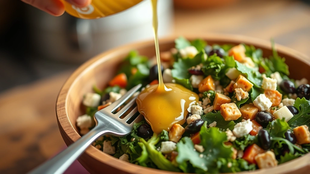 Close-up of apple cider vinaigrette being drizzled over a complete Chick-fil-A copycat kale salad in a wooden serving bowl, garnished with all toppings visible, fork ready to toss, warm kitchen ambiance