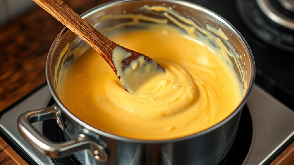Creamy cheese sauce in saucepan being whisked with wooden spoon, melted cheddar and American cheese visible, steam rising, warm buttery tones