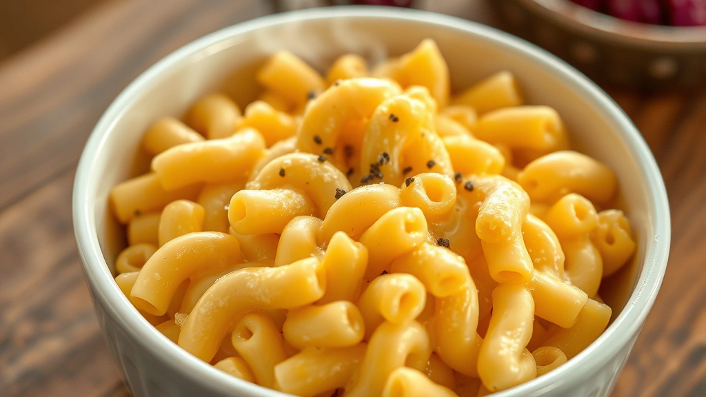 Creamy homemade mac and cheese in a white ceramic bowl, showing rich golden cheese sauce coating elbow pasta, steam rising, garnished with fresh black pepper, warm lighting