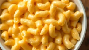 Creamy mac and cheese in a white bowl with elbow pasta fully coated in smooth golden cheese sauce, steam rising, photographed from above with soft natural lighting