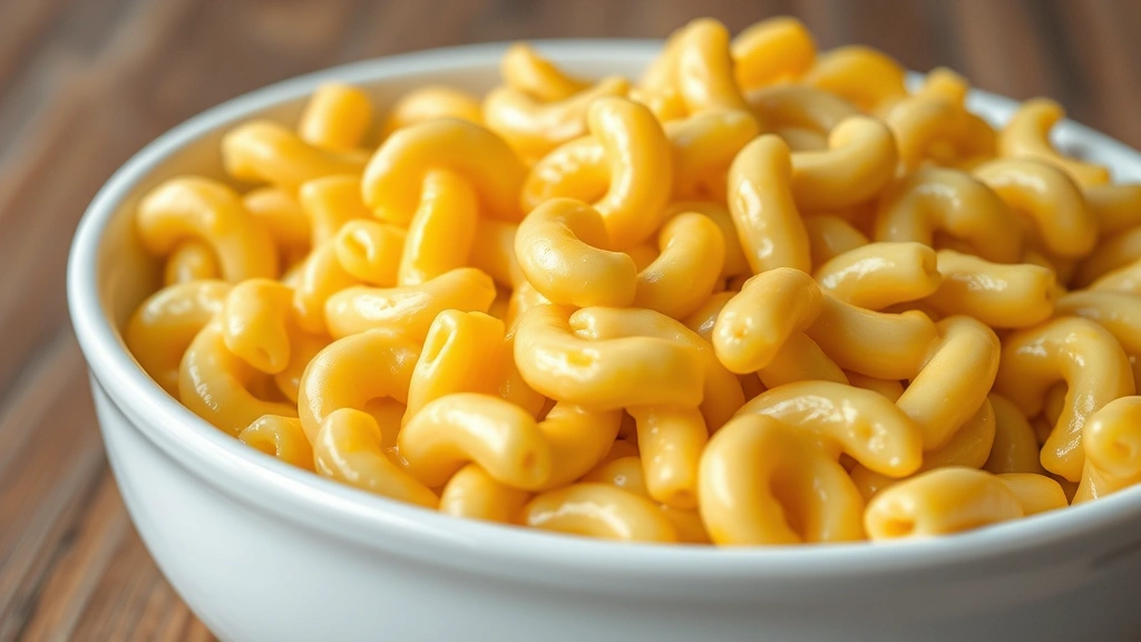 Perfectly coated elbow macaroni in large bowl with glossy cheese sauce clinging to each noodle, golden creamy texture, served in white ceramic dish