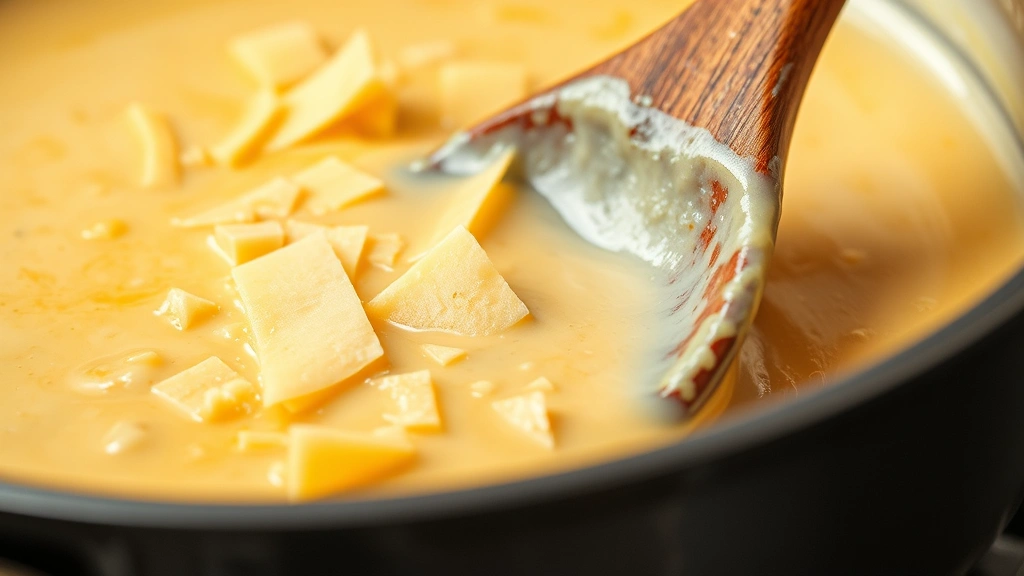 Close-up of melted sharp cheddar cheese being stirred into béchamel sauce with a wooden spoon, showing smooth creamy texture, golden amber color, professional kitchen setting