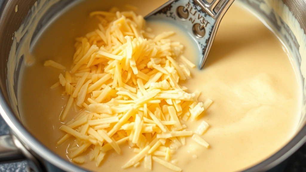 Close-up of melting shredded cheddar and gruyère cheese being stirred into a silky béchamel sauce in a stainless steel saucepan, creamy texture visible