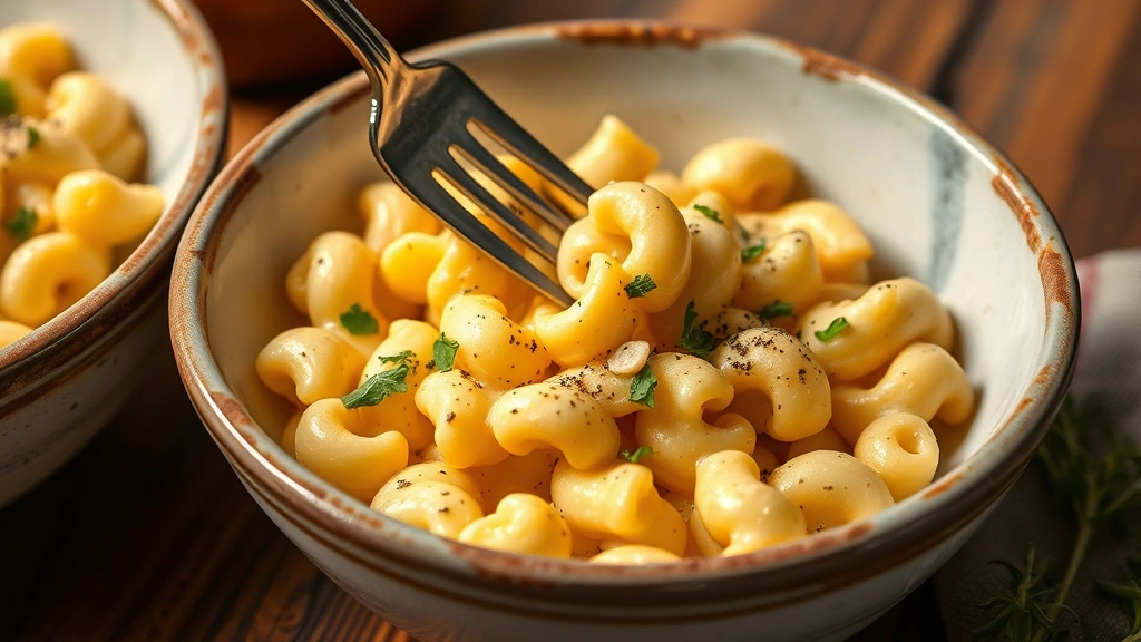 Finished Chick-fil-A copycat mac and cheese served in rustic ceramic bowls, garnished with fresh cracked black pepper and microgreens, fork twirling pasta, warm overhead lighting