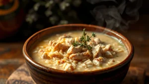 Steaming bowl of creamy chicken wild rice soup with shredded chicken visible, fresh thyme garnish, warm lighting, rustic ceramic bowl, steam rising, comfort food photography