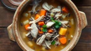 Overhead view of a rustic ceramic bowl filled with steaming chicken and wild rice soup, showing tender shredded chicken, dark wild rice grains, diced carrots and celery, and fresh parsley garnish, warm golden broth visible, wooden table background, natural soft lighting, steam rising from bowl