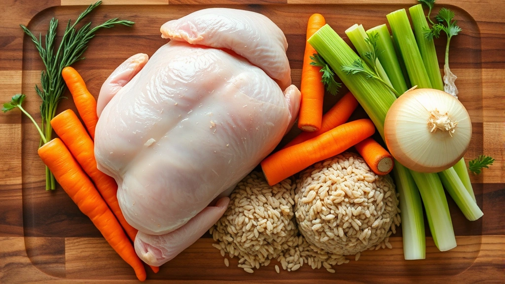 Overhead shot of whole raw chicken with carrots, celery, onion, and dried wild rice arranged on wooden cutting board, natural daylight, ingredient preparation display