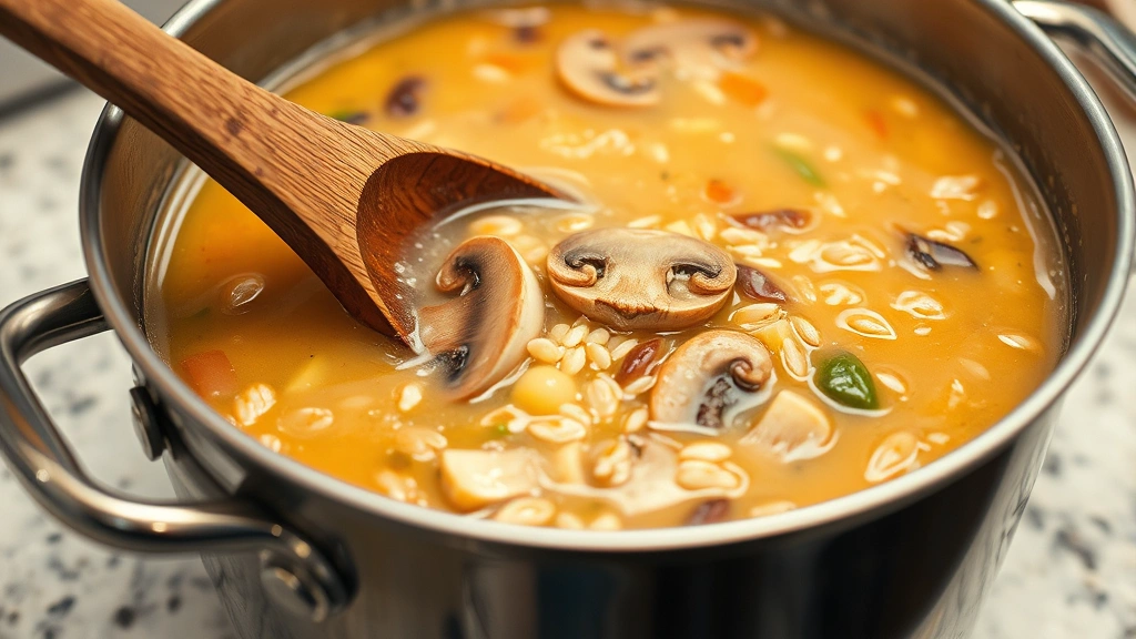 Close-up action shot of wooden spoon stirring a large stainless steel pot of simmering soup, showing the creamy golden broth, mushroom slices, wild rice kernels, and diced vegetables, gentle bubbles breaking the surface, kitchen countertop in soft focus