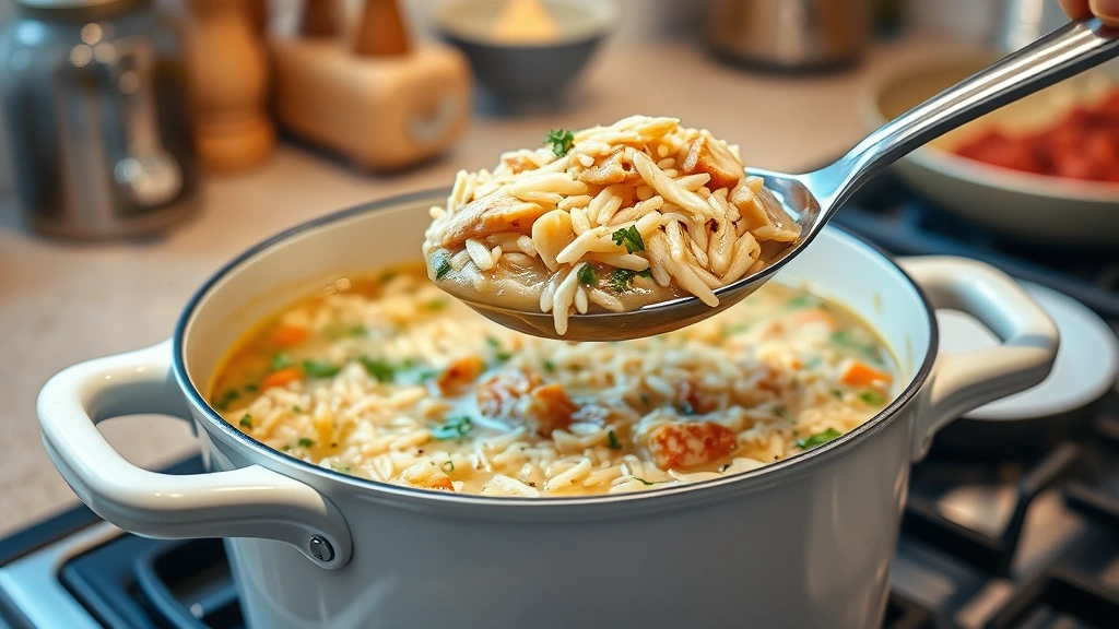 Finished pot of chicken wild rice soup on stovetop, ladle lifting soup showing rice and chicken pieces, aromatic herbs visible, cozy kitchen lighting, family dinner setting