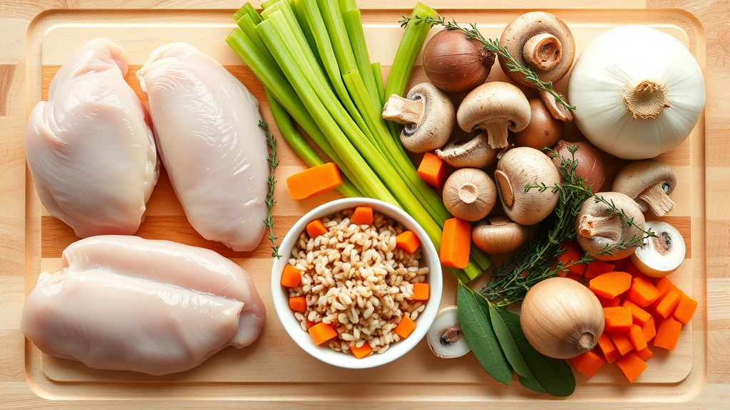 Flat lay of fresh soup ingredients arranged on a light wooden cutting board: boneless chicken breasts, wild rice grains in a small bowl, diced carrots, celery stalks, mushrooms, onions, fresh thyme sprigs, and bay leaves, natural daylight from above