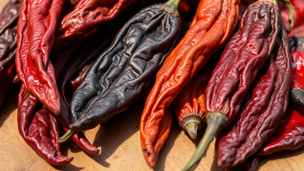 Close-up of dried ancho, pasilla, and mulato chilies arranged on a wooden surface, showing their deep reddish-brown colors and wrinkled texture, with natural sunlight highlighting the details