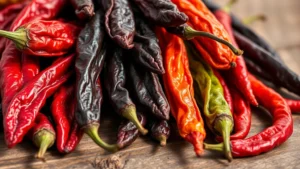 Close-up of vibrant dried chile peppers including mulato, pasilla, and ancho varieties arranged on rustic wooden surface with morning light, showing rich deep red and dark brown colors and textured surfaces