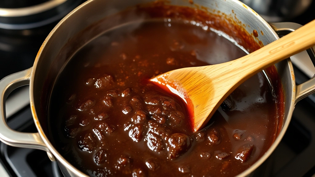 Steaming pot of rich dark mole sauce simmering on stovetop, with visible texture and glossy surface, showing the complex brown-black color developed after hours of cooking, with wooden spoon resting in sauce
