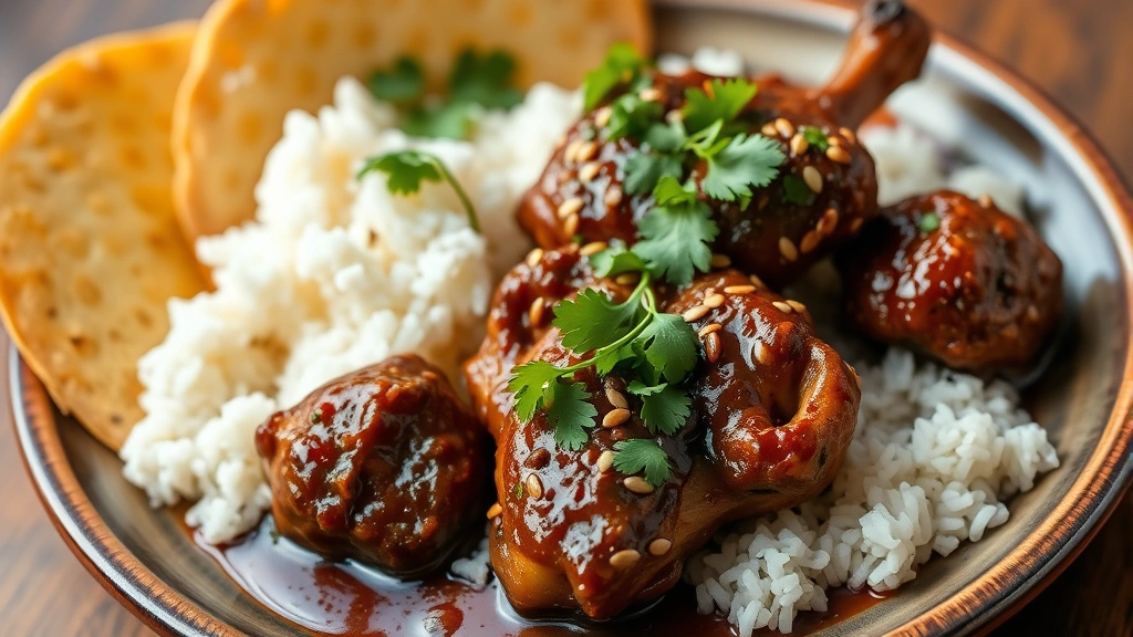 Plated chicken mole dish with bone-in chicken pieces generously coated in dark sauce, garnished with toasted sesame seeds and fresh cilantro, served alongside white rice and warm corn tortillas on ceramic plate