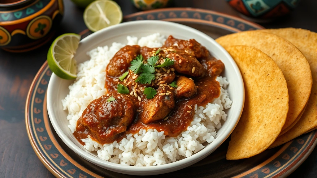 Finished chicken mole plated beautifully with white rice, topped with toasted sesame seeds and fresh cilantro garnish, surrounded by warm corn tortillas and lime wedges on traditional Mexican pottery
