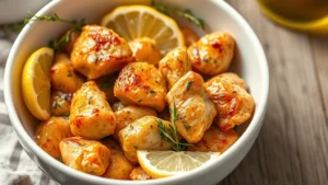 Golden-brown marinated chicken pieces in a white bowl with fresh oregano, lemon wedges, and olive oil visible, Mediterranean style food photography
