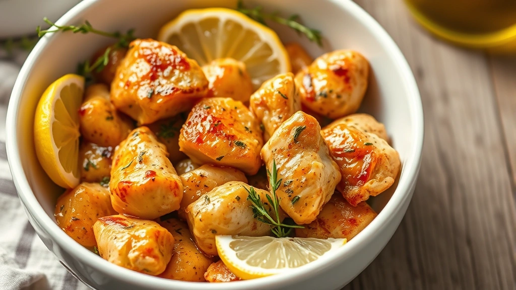 Golden-brown marinated chicken pieces in a white bowl with fresh oregano, lemon wedges, and olive oil visible, Mediterranean style food photography
