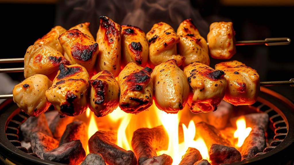 Sizzling chicken souvlaki skewers over charcoal flames with visible char marks, smoke rising, traditional Greek taverna grilling scene