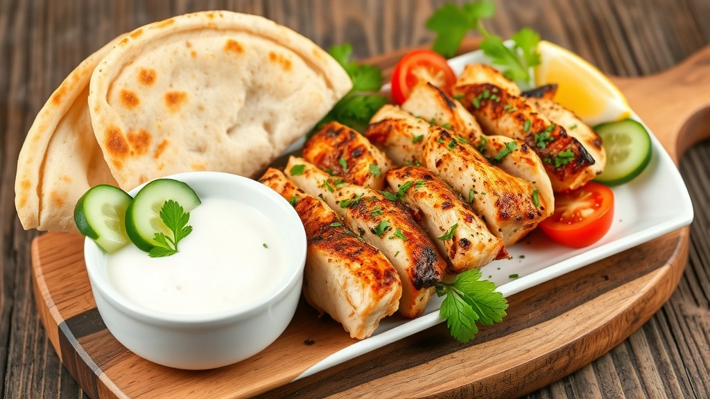 Plated chicken souvlaki served with warm pita bread, tzatziki sauce in a white bowl, fresh cucumber and tomato slices, lemon wedges on rustic wooden board