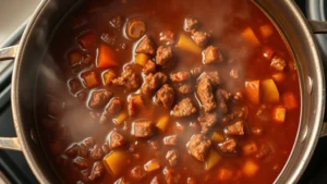 Overhead shot of simmering pot of rich, deep brown chili with visible ground beef and diced vegetables, steam rising, warm kitchen lighting