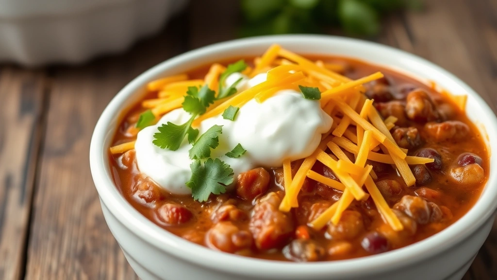 Close-up of finished no-bean chili in white ceramic bowl topped with shredded cheddar cheese, sour cream, diced onions, and fresh cilantro, rustic wooden table background