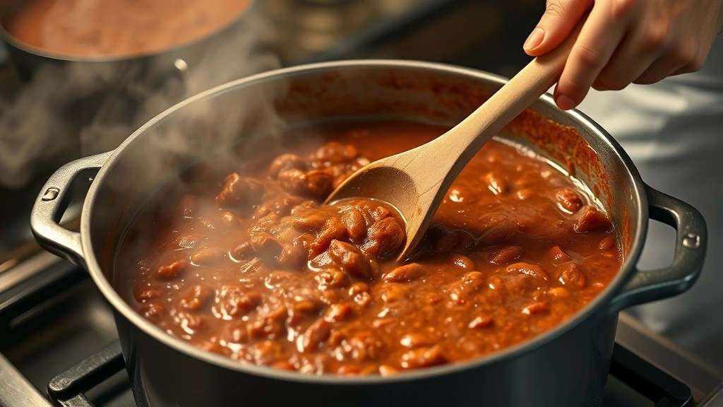 Action shot of chef stirring large Dutch oven of bubbling chili with wooden spoon, steam visible, warm pot-side lighting showing rich chocolate-brown color of the chili