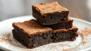 Rich, fudgy dark chocolate squares stacked on white plate with cocoa powder dusting, dramatic lighting highlighting glossy texture and moist crumbs