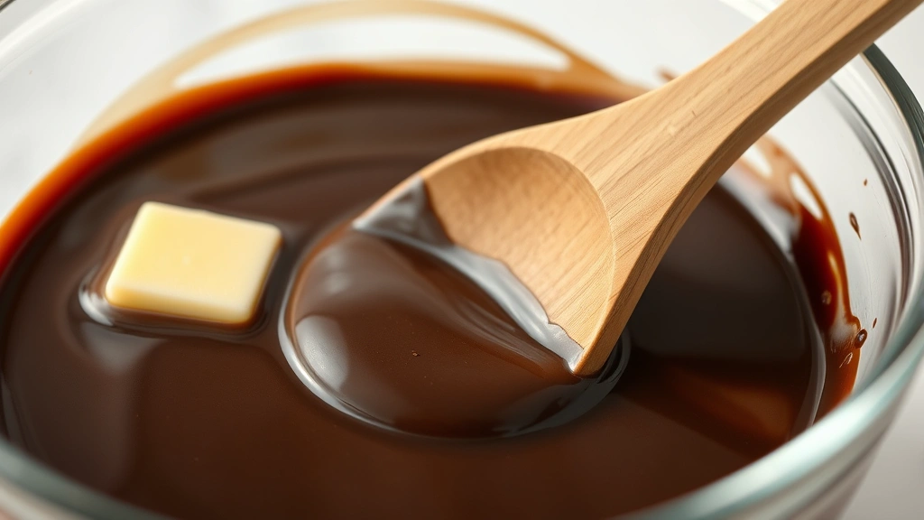 Close-up of melting dark chocolate and butter in glass bowl over steaming water bath, showing smooth glossy melted chocolate with wooden spoon