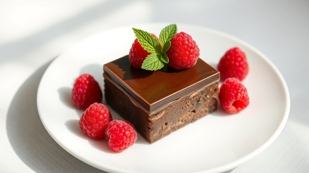 Plated chocolate delight square garnished with fresh raspberries, mint leaf, and white plate, elegant presentation with soft natural lighting