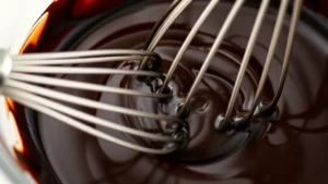 Close-up of silky dark chocolate ganache being whisked with a metal whisk in a glass bowl, showing glossy texture and smooth emulsification process