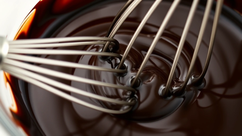 Close-up of silky dark chocolate ganache being whisked with a metal whisk in a glass bowl, showing glossy texture and smooth emulsification process