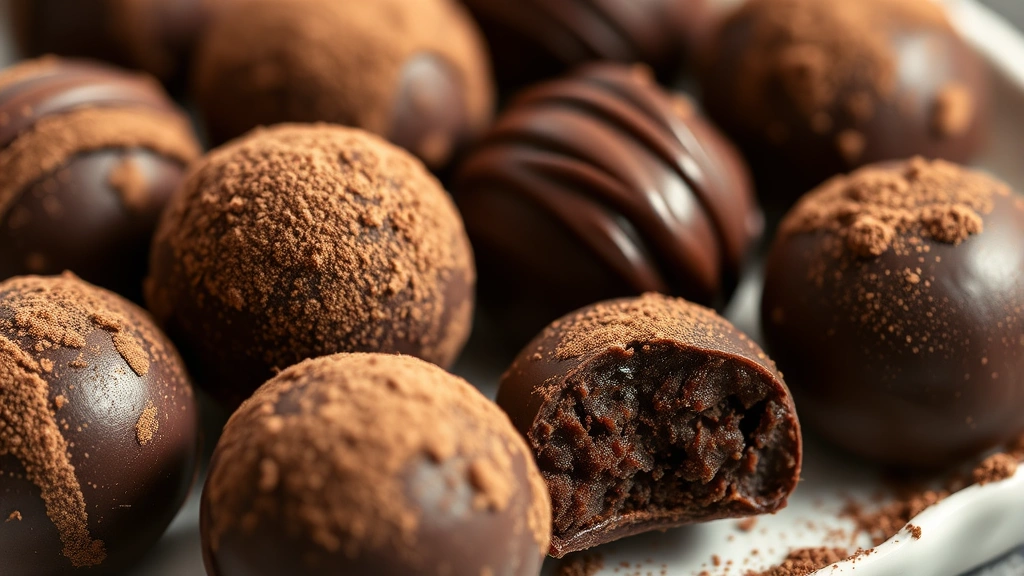 Close-up of rich dark chocolate truffles dusted with cocoa powder, some showing glossy coating, arranged on white ceramic plate with soft natural lighting