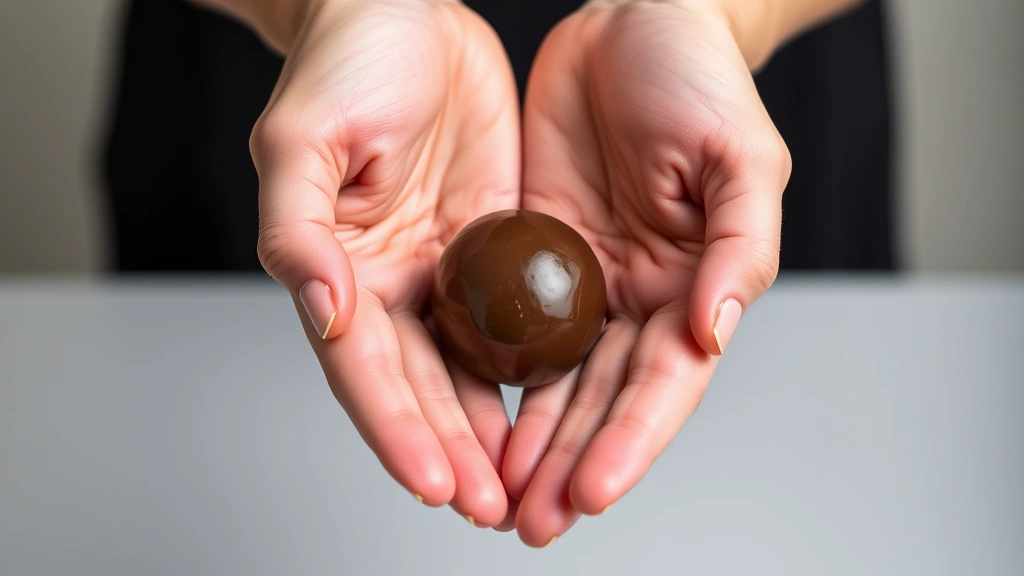Hands rolling a chocolate ganache ball between palms with gentle pressure, showing proper shaping technique with neutral background