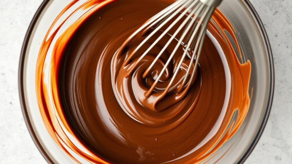 Overhead view of chocolate ganache being whisked in glass bowl with cream, showing smooth velvety texture and rich brown color