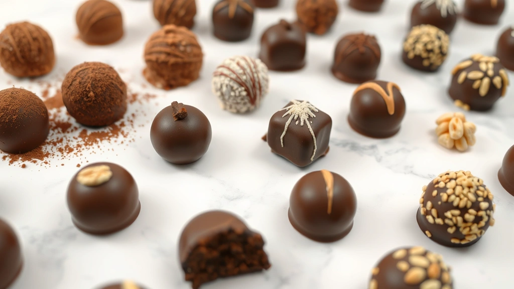 Finished gourmet chocolate truffles displayed on white marble surface, some dusted with cocoa powder, others chocolate-coated with nuts, showing variety