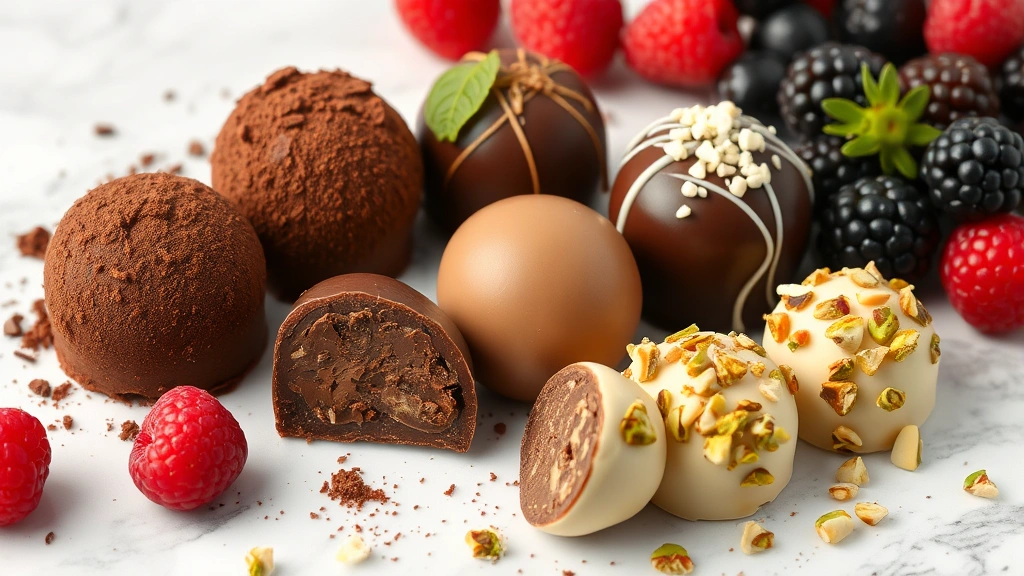 Assorted finished chocolate truffles in different coatings—dark cocoa powder, milk chocolate gloss, white chocolate with crushed pistachios—artfully arranged on marble surface with fresh berries nearby