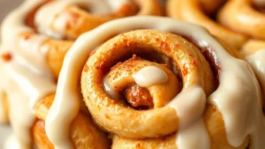 Close-up of golden-brown cinnamon rolls with cream cheese frosting dripping down the sides, steam rising, fresh from the oven, showing the spiral cinnamon layers inside