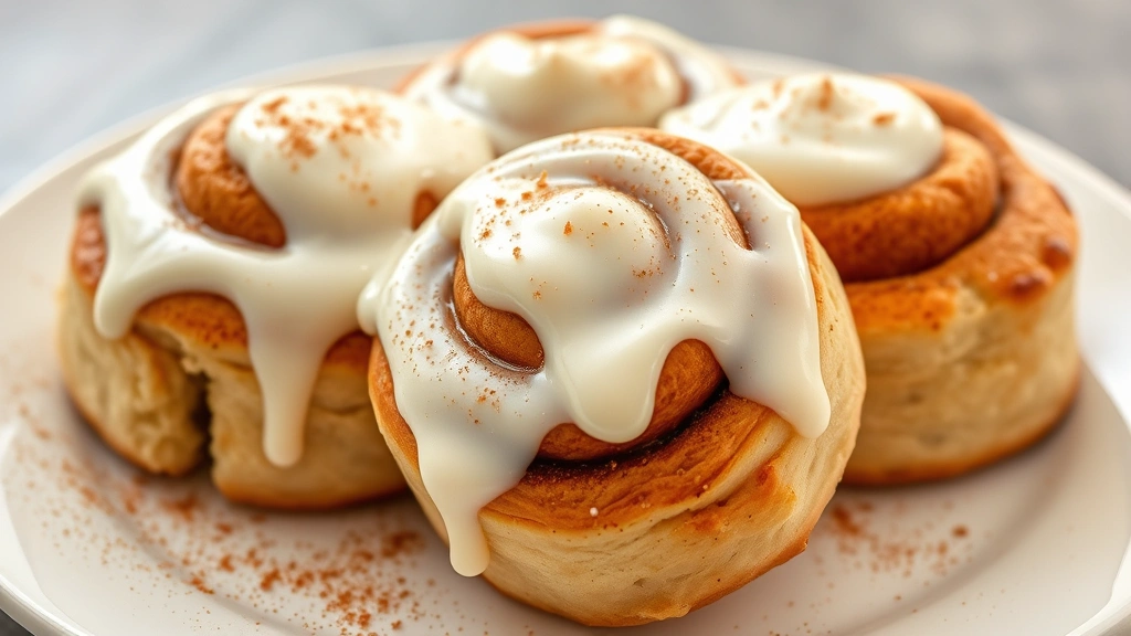 Finished plate of three fluffy cinnamon rolls with generous cream cheese frosting, garnished with a light sprinkle of cinnamon, warm and inviting, close-up detail shot