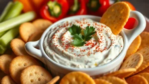 Creamy clam dip in white ceramic bowl with fresh parsley garnish and paprika dusted on top, surrounded by golden crackers and fresh vegetable crudités including celery and bell peppers, soft warm lighting