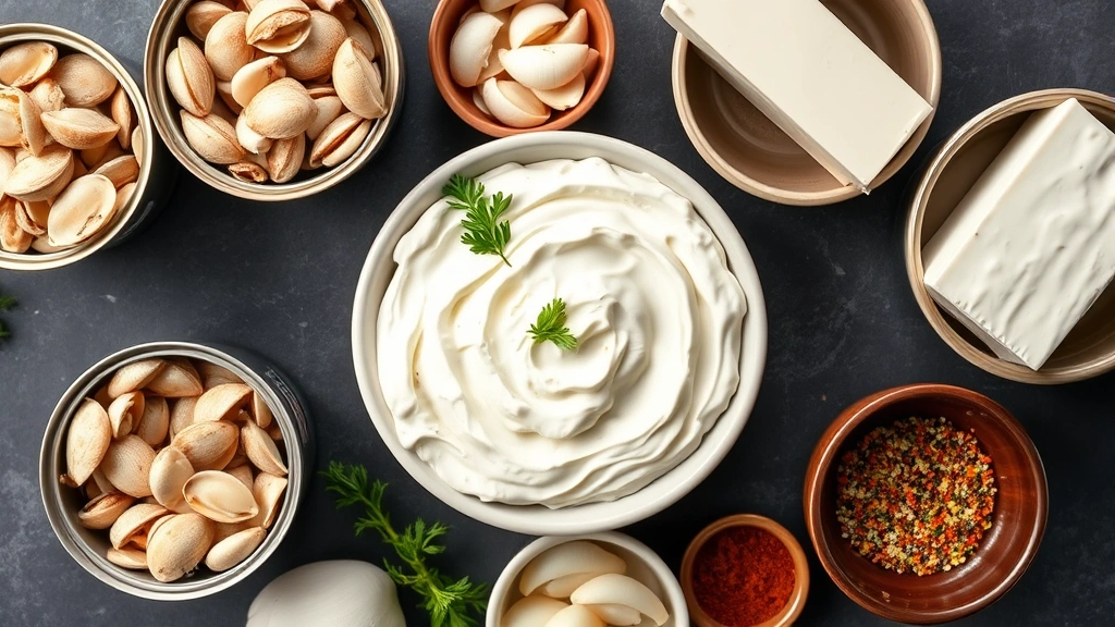 Overhead flat lay of clam dip ingredients arranged artfully: opened cans of chopped clams, cream cheese block, sour cream in bowl, fresh garlic cloves, onion slice, and small bowls of seasonings like paprika and thyme